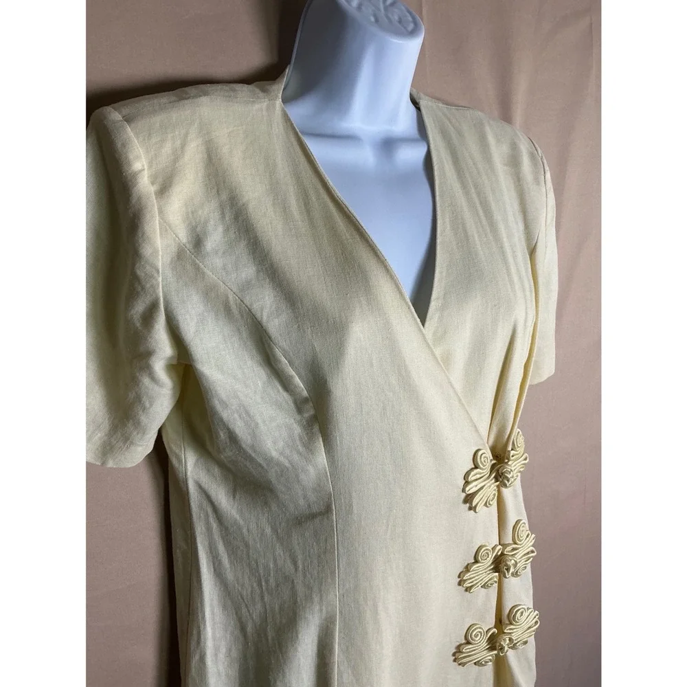 Ultra Dress New York Vintage Linen Blend Frog Closure Wrap Midi Dress Cream Sz 8 - Picture 9 of 10